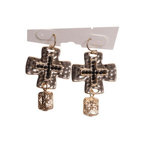 Gold Tone Black Rhinestone Cross Dangle French Wire Earrings - 1.75" Long